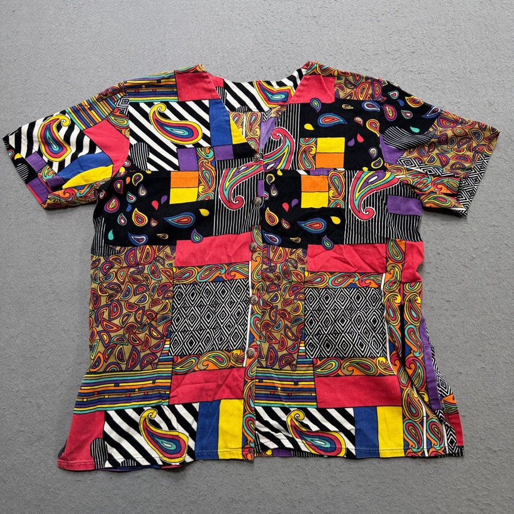 Vintage Patchwork Paisley Blouse Women's Large Colorful AOP Button Down‎ Boho